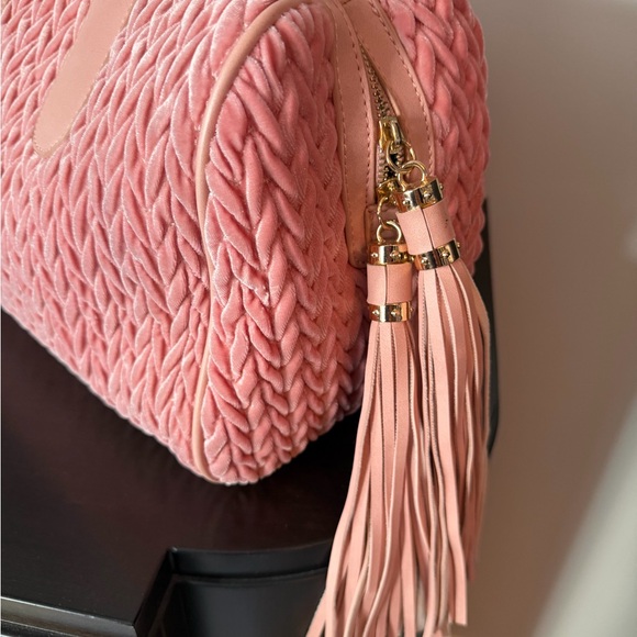 Blush Pink Velvet Satchel Bag w/ Tassel Charm Gold Hardware - Picture 3 of 7
